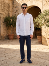 Men's White and Navy Linen Long Sleeve Set