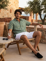 Men's Green and White Linen Short Sleeve Set