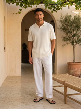 Men's Cream Ribbed Knit Polo Shirt