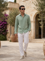 Men's Mint Green and White Linen Long Sleeve Set