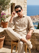 Men's Beige Linen Long Sleeve Shirt and Pants Set
