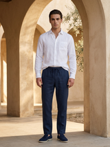 Men's White and Navy Linen Long Sleeve Set