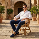 Men's White and Navy Linen Long Sleeve Set