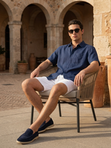 Men's White and Navy Linen Short Sleeve Set