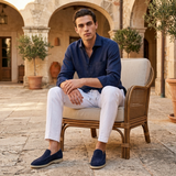 Men's Navy and White Linen Long Sleeve Set