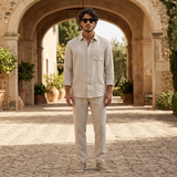 Men's Beige Linen Long Sleeve Shirt and Pants Set