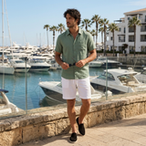 Men's Green and White Linen Short Sleeve Set