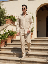 Men's Beige Linen Long Sleeve Shirt and Pants Set