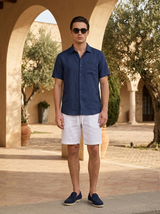 Men's Navy and White Linen Short Sleeve Set