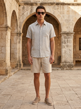 Men's Beige Linen Short Sleeve Shirt and Shorts Set
