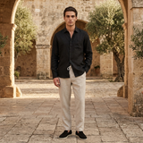 Men's Black Linen Shirt and Pants Set - Button-Up