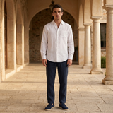 Men's White and Navy Linen Long Sleeve Set