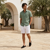 Men's Green and White Linen Short Sleeve Set