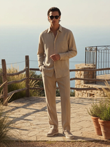Men's Beige Linen Long Sleeve Shirt and Pants Set