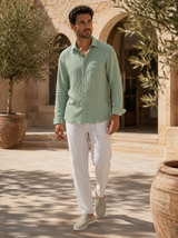 Men's Mint Green and White Linen Long Sleeve Set
