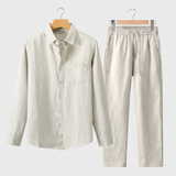 Men's Beige Linen Long Sleeve Shirt and Pants Set