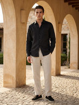 Men's Black Linen Shirt and Pants Set - Button-Up