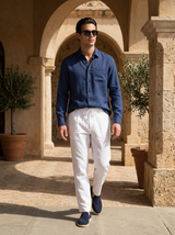 Men's Navy and White Linen Long Sleeve Set