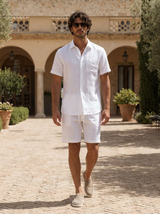 Men's White Linen Short Sleeve Shirt and Shorts Set
