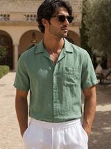Men's Green and White Linen Short Sleeve Set