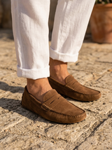 Men's Navy Suede Penny Driver Loafers
