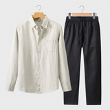 Men's Beige and Black Linen Long Sleeve Set