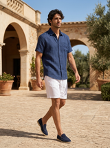 Men's Navy and White Linen Short Sleeve Set