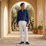 Men's Navy and White Linen Long Sleeve Set