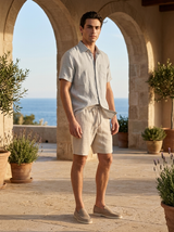Men's Beige Linen Short Sleeve Shirt and Shorts Set