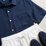 Men's White and Navy Linen Short Sleeve Set
