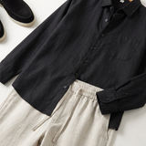 Men's Black Linen Shirt and Pants Set - Button-Up