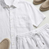 Men's White Linen Short Sleeve Shirt and Shorts Set