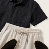 Men's Black and Beige Linen Short Sleeve Set
