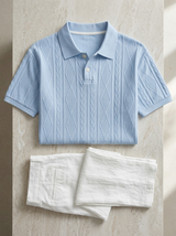 Men's Textured Blue Knit Polo Shirt
