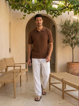 Men's Cream Ribbed Knit Polo Shirt
