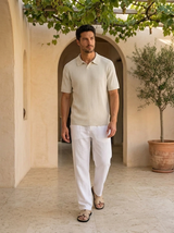 Men's Cream Ribbed Knit Polo Shirt