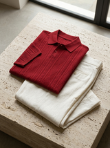 Men's Textured Blue Knit Polo Shirt