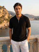 Men's Navy Cotton Zip Polo Shirt
