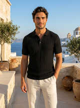 Men's Textured Blue Knit Polo Shirt