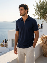 Men's Navy Cotton Zip Polo Shirt