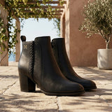 Women's Black Leather Block Heel Ankle Boots