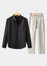 Men's Black Linen Shirt and Pants Set - Button-Up