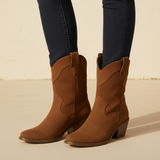 Women's Cream Suede Western Boots - Perforated Detail