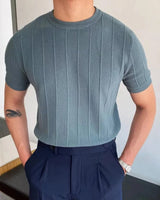 Men's Blue Ribbed Short-Sleeve Knit Sweater
