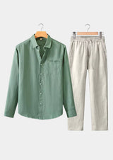 Men's Mint Green and White Linen Long Sleeve Set