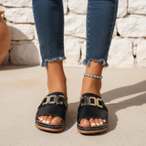 Women's Black Leather Platform Sandals - Gold Chain