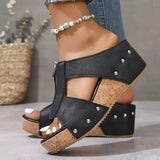 Women's Taupe Suede Wedge Sandals - Zip Detail
