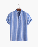 Men's Blue Striped Cotton Short Sleeve Shirt