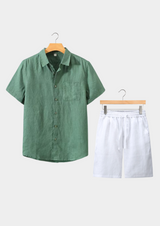Men's Green and White Linen Short Sleeve Set