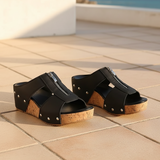 Women's Taupe Suede Wedge Sandals - Zip Detail